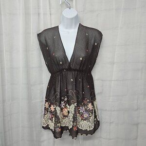 Body Control Brown Floral Y2K Sheer Boho Fairy Babydoll Blouse S